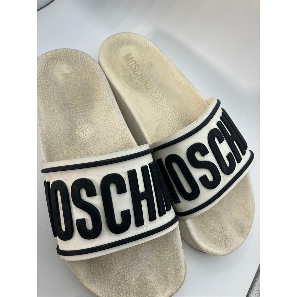 Moschino White Black Logo Platform Slide Sandals Made in Italy Womens Size 39 - Picture 2 of 7